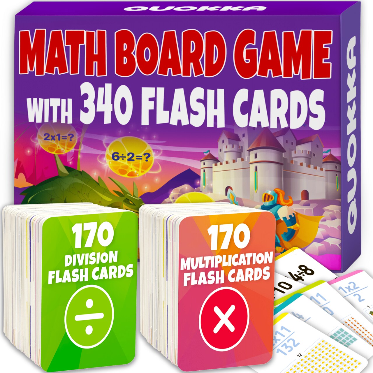 QUOKKA 3xSet Multiplication Flash Cards 3rd Grade - 340 Flashcards Multiplication and Division Math Games - Learning Board Games for Boys and Girls Ages 6-7-8 - Fun Educational Preschool Games